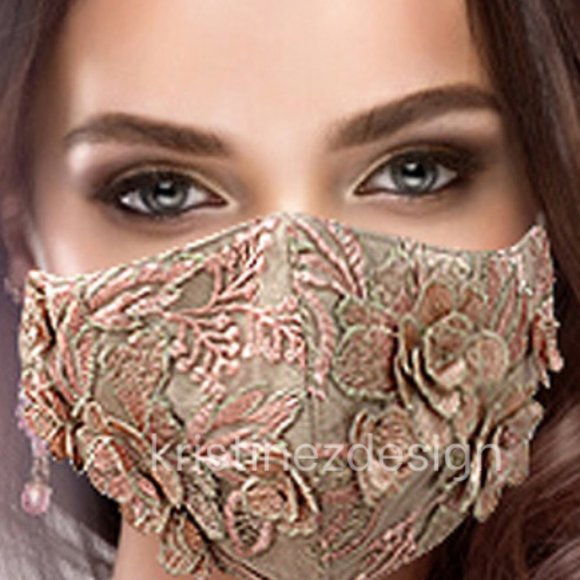 2 Beige and Rose Lace Linen Face mask, Art face mask - Picture 4 of 5